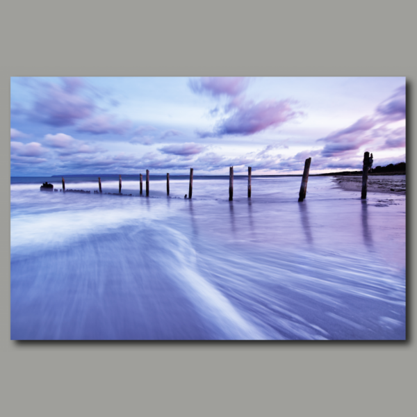 Póster: Postes de madera en la playa del Mar Báltico a la luz del atardecer