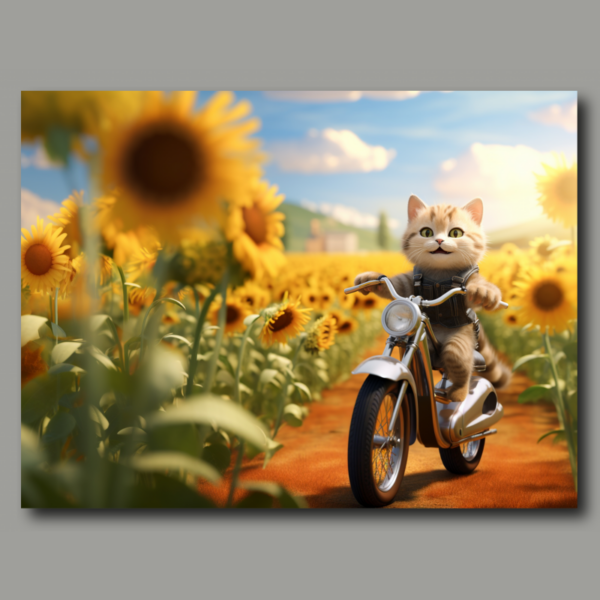 Poster: Cat riding a bike in a field of sunflowers