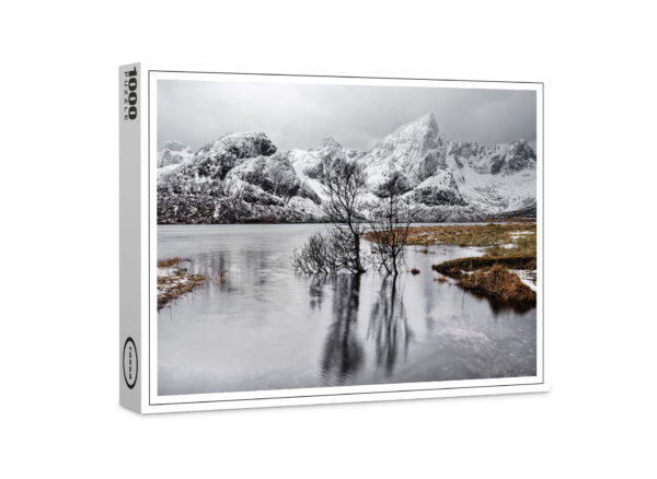 raxxa Premium-Puzzle: Baumspiegelung im See vor einer winterlichen Bergkette