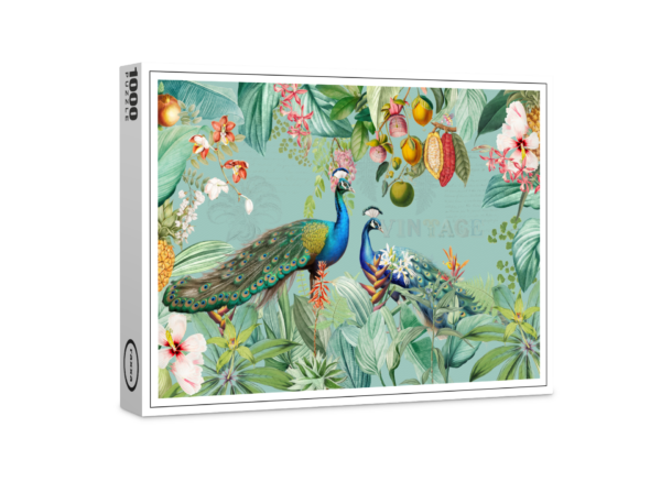 Puzzle raxxa Premium : paons lumineux dans la jungle exotique de fleurs et de fruits