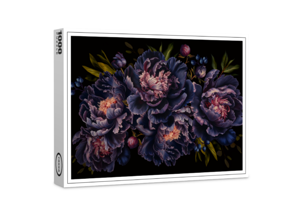 raxxa Premium Puzzle: Fiori viola su nero: le peonie barocche nel loro massimo splendore