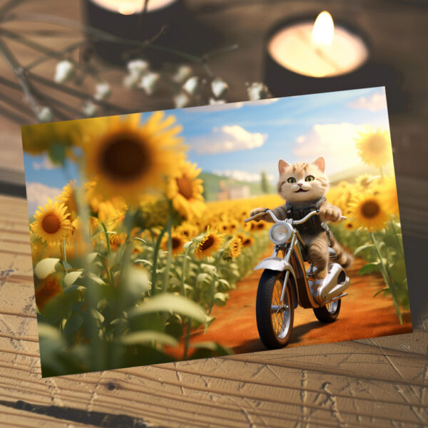 raxxa Postkarte: Katze fährt Rad im Sonnenblumenfeld