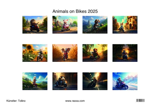 raxxa Premium-Monatskalender Animals on Bikes 2025 - immagine 2